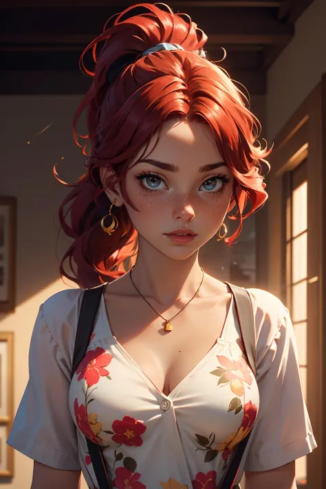 highres, masterpiece, perfect lighting, bloom, cinematic lighting, adult, female, looking at viewer, upper body, collarbone, wavy hair, necklace, suspenders, floral print, ponytail, freckles, red hair, sunlight,