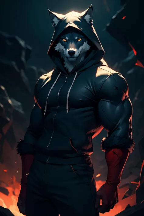 highres, masterpiece, perfect lighting, bloom, cinematic lighting, adult, looking at viewer, wolf anthropomorphism, hoodie, bloo...