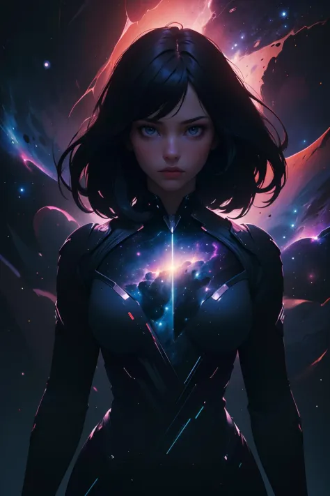 (masterpiece, best quality, highres, high resolution:1.2), extremely detailed, realistic, intricate details, 1girl, solo, looking at viewer, (abstract art:1.3), (dark theme:1.2), art, stylized, deep shadow, dark theme, cosmic dress, cosmic beauty, in space, nebula, (cinematic lighting, bloom, volumetric),