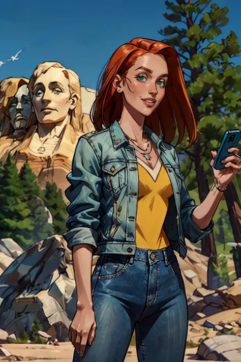 eve, orange hair, green eyes, necklace, denim jacket, yellow shirt, jeans, looking at viewer, smiling, medium shot, standing, holding a cell phone, outside,(mount rushmore), blue sky, trees, high quality, masterpiece, <lora:AtomE-10IV:.7>