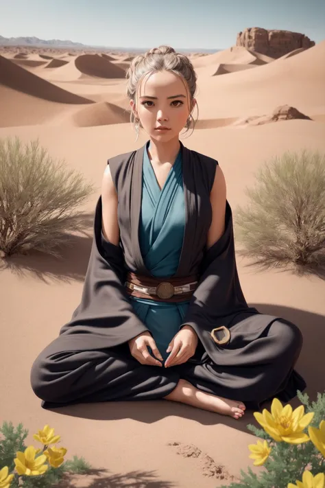 (Jedi meditation:1.3), serene photo,1girl, Jedi master in deep meditation, in jedi outfit, sitting cross-legged, (desert oasis:1...