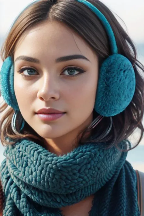 a woman wearing ear muffs and a scarf on the beach