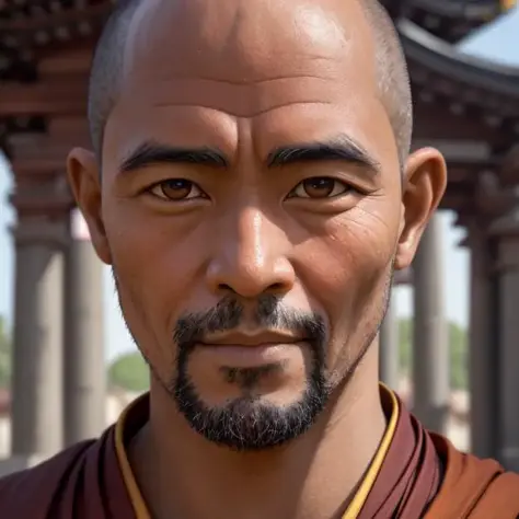 masterpiece, best quality, close up portrait of a monk in front of a temple