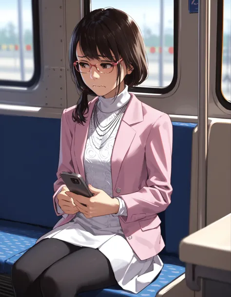 anime girl sitting on a train looking at her cell phone