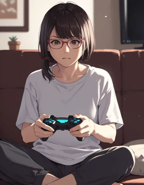 anime girl sitting on a couch playing a video game