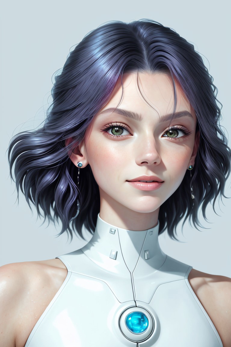 A woman with purple hair and a blue necklace - SeaArt AI