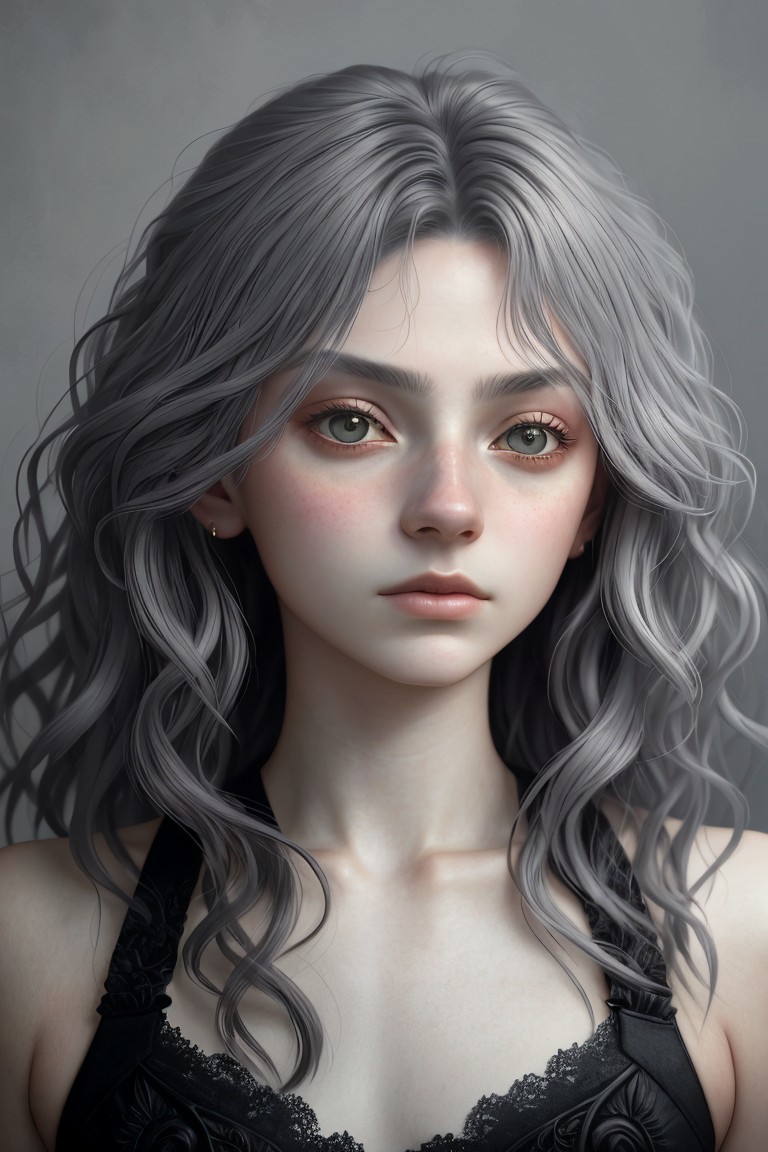 A woman with long gray hair and a black bra top - SeaArt AI