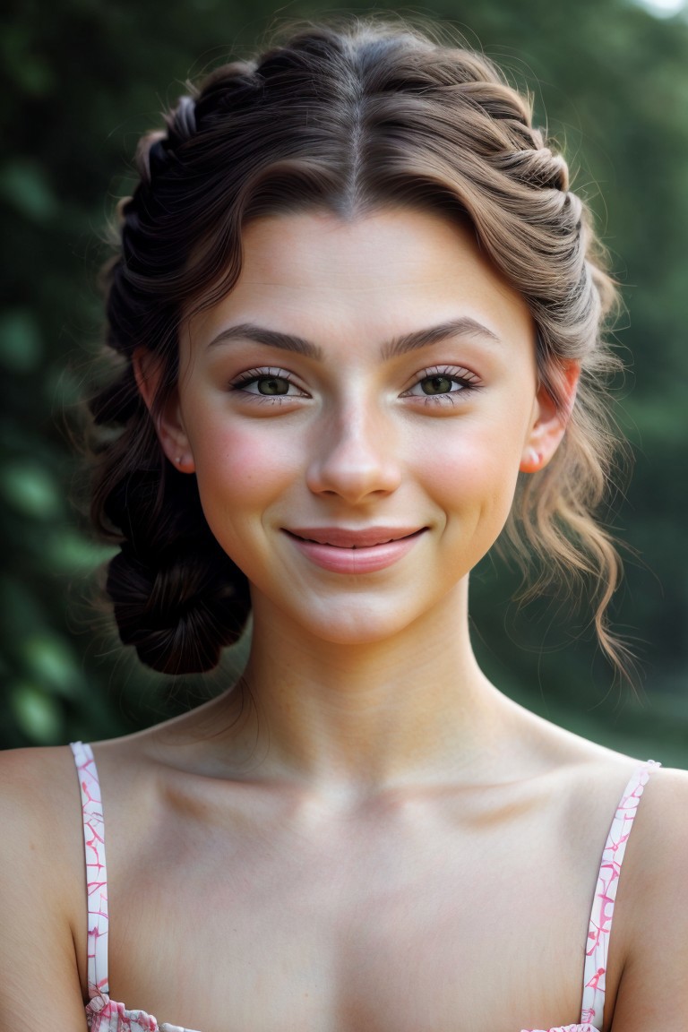 A close up of a young woman with a pink dress smiling - SeaArt AI