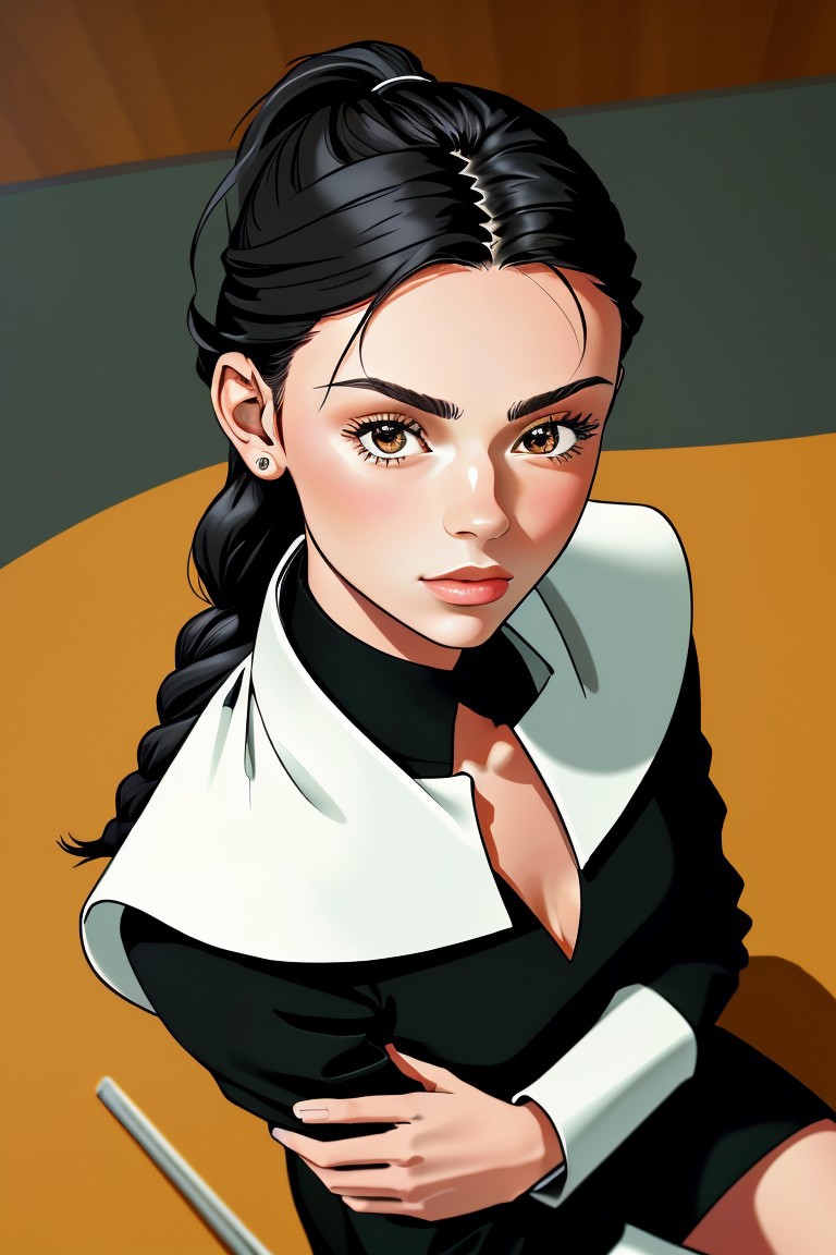 Anime girl with black hair and white collared shirt sitting on a table -  SeaArt AI