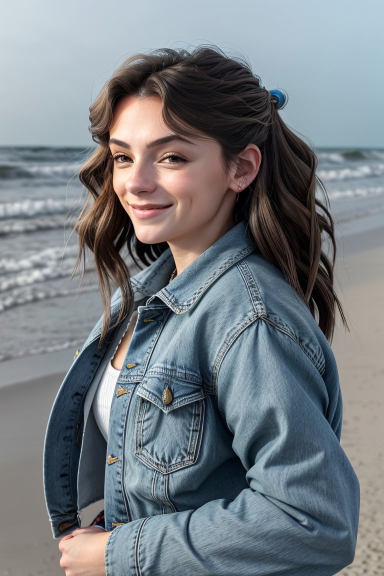 Arafed woman in a denim jacket standing on a beach - SeaArt AI