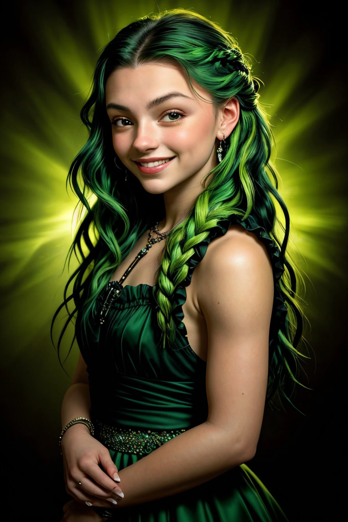 A close up of a woman with green hair and a green dress - SeaArt AI