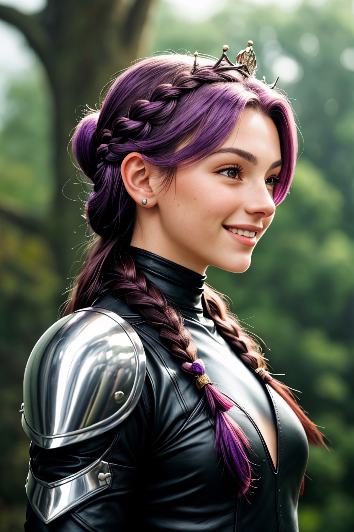 A close up of a woman with purple hair wearing a leather outfit - SeaArt AI