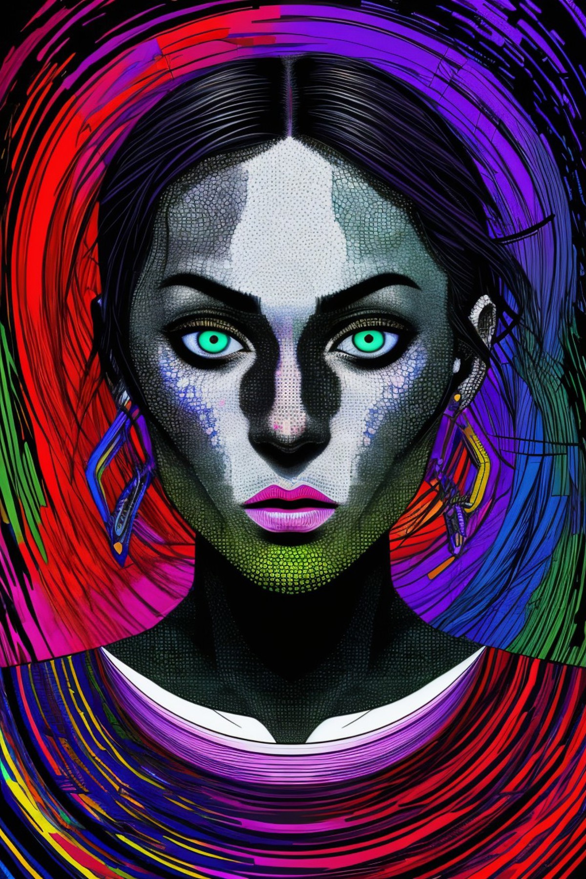 A painting of a woman with a colorful face and a black background - SeaArt  AI