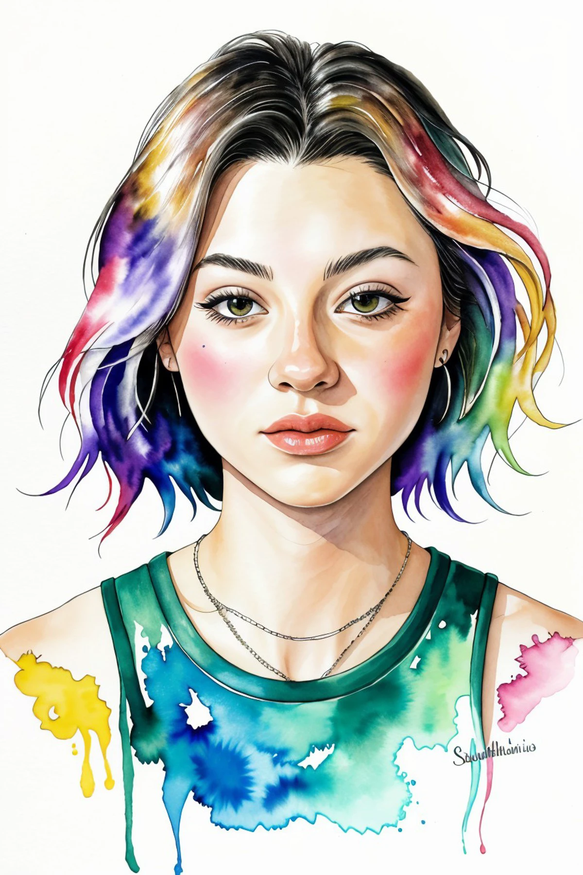 A painting of a woman with colorful hair and a necklace - SeaArt AI