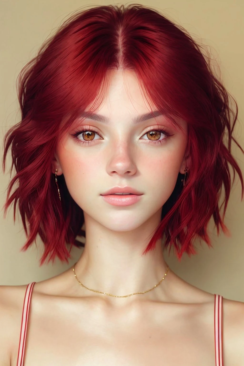SavannahRaeDemers, focus on eyes, close up on face, wearing jewelry, light red hair styled A-line bob hair