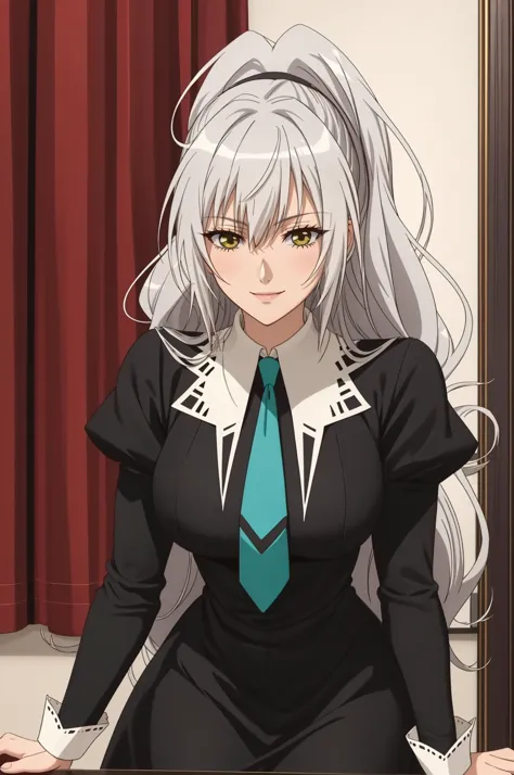 anime girl with long white hair and green eyes in black dress