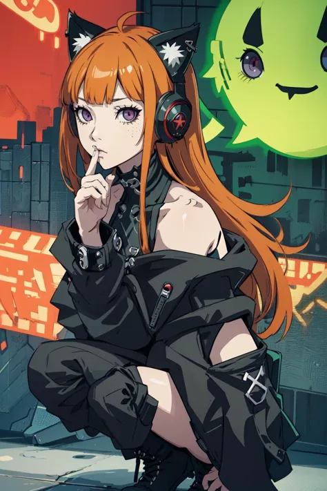 a woman in a black outfit with headphones and a cat ear