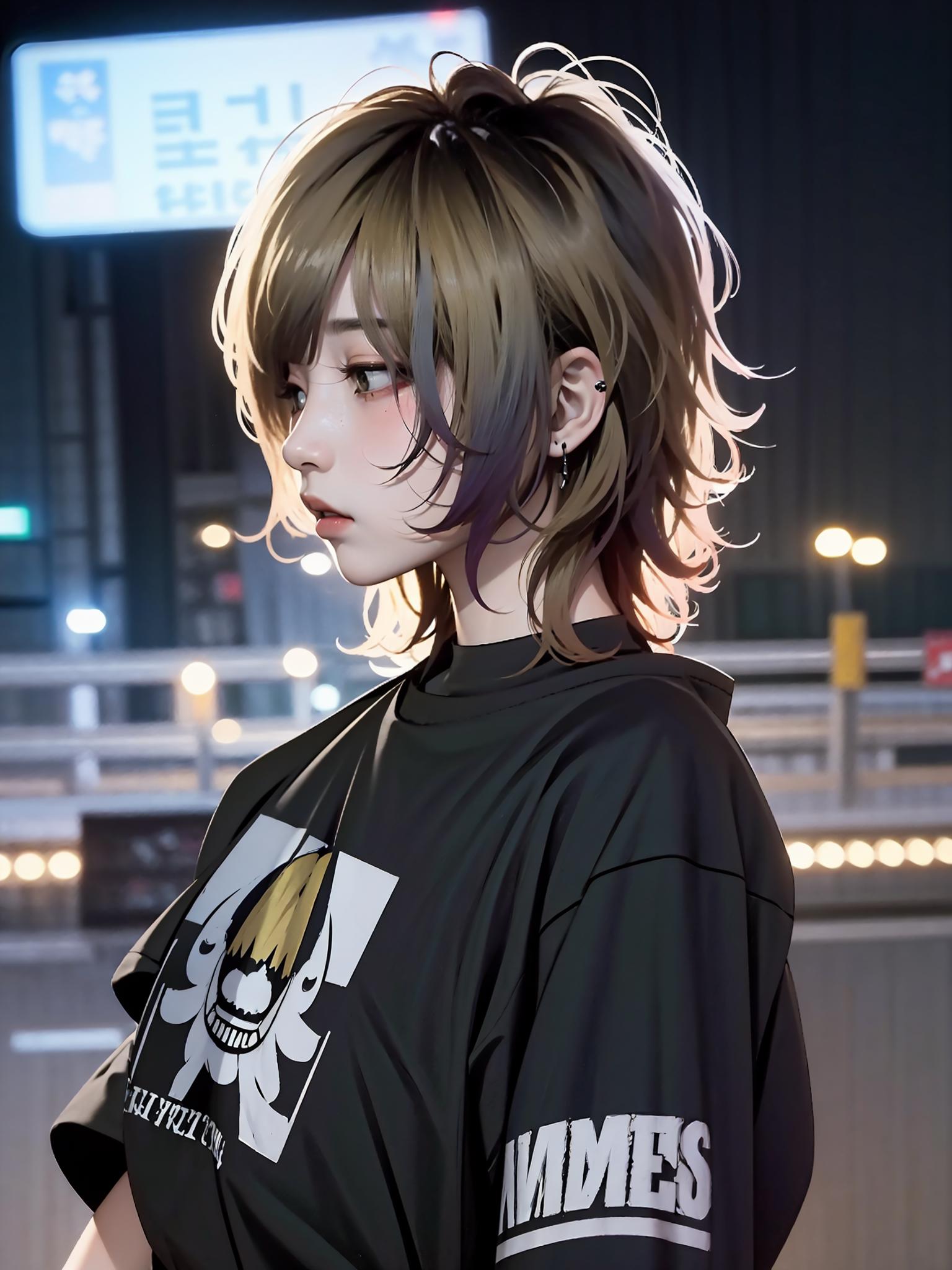 Anime girl with a ponytail and a black shirt standing in the street -  SeaArt AI