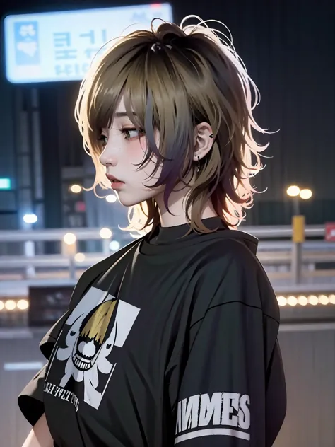 (tight meduim shot), 1girl, solo, short hair, black hair, (korean wolf cut) + (blone dyed hair) + (bangs), (punk), black t-shirt, oversize t-shirt, <lora:DipDyedHair:1>, blonde IncursioDipDyedHair,  <lora:wolf_cut:1>, wolf_cut, tired look, looking at viewer, cigarette, night city, lights in the night, profile shot,  <lora:add_detail:-0.5>,  <lora:Gothpunk:0.5>