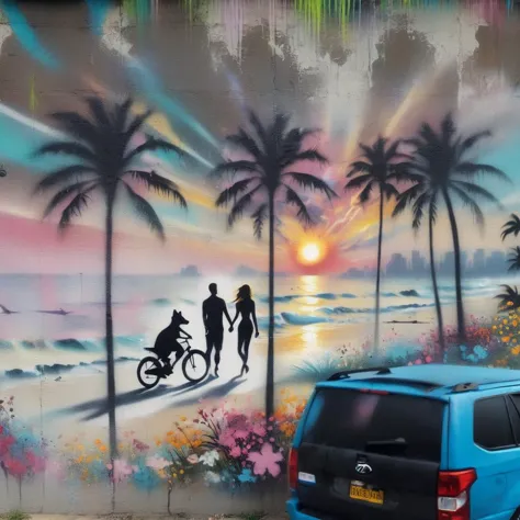 <lora:zavy-fzzgrfft-sdxl:1>, zavy-fzzgrfft, ((graffiti mural of vibrant sunset on a beach with (silhoutte lovers embracing))), (foxes), palm trees, cherry blossoms, wild flowers, flying doves, concrete wall