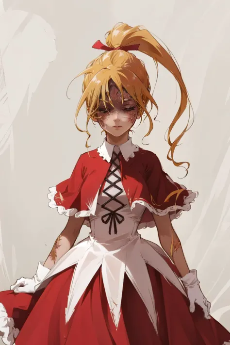 (masterpiece, best quality),  intricate details,
1girl,     biskywz, tiny girl, blonde hair, ponytail, long hair, hair ribbon,red dress, bobby socks, capelet, white gloves, 
 IncrsBurntScar, scar, covered eyes