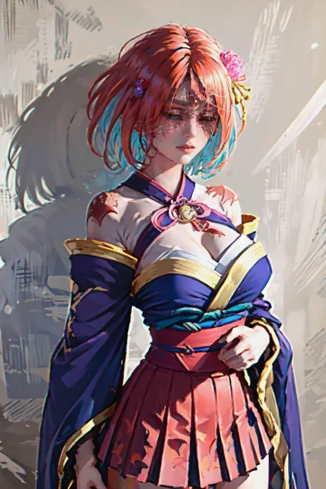 Highly detailed, High Quality, Masterpiece, beautiful, hmadoka, short hair, multicolored hair, hair ornament, hair flower, large breasts, halterneck, cleavage, bare shoulders, japanese clothes, kimono, wide sleeves, detached sleeves, obi, pleated skirt, IncrsBurntScar, scar, covered eyes