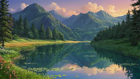 core_9, score_8_up, score_7_up, <lora:ghibli_last:1.3> ghibli, ghibli_style, source_anime, anime_coloring (art by Ghibli style:1.2), art_nouveau,
a tranquil lake reflecting stars, with a soft luminescence from the horizon,lush fields swaying in the breeze in Ghibli style, brimming with life and enchanting, rich colors, and playful elements. details.
(high resolution, noise, highly detailed textures, sharp focus, rich textures, rule of thirds, intricate detail, dof:1.3)