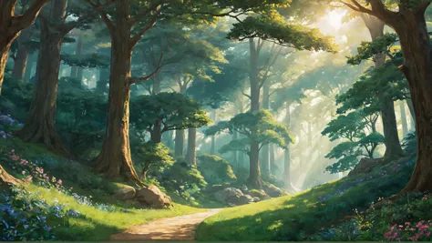 core_9, score_8_up, score_7_up, <lora:ghibli_last:1> ghibli, ghibli_style, source_anime, anime_coloring (art by Ghibli style:1.2), art_nouveau,
a magical forest with dappled sunlight breaking through the trees,a serene landscape with a crescent moon visible at the edge of a clear sky in Ghibli style, brimming with life and enchanting, rich colors, and playful elements. details.
(high resolution, noise, highly detailed textures, sharp focus, rich textures, rule of thirds, intricate detail, dof:1.3)