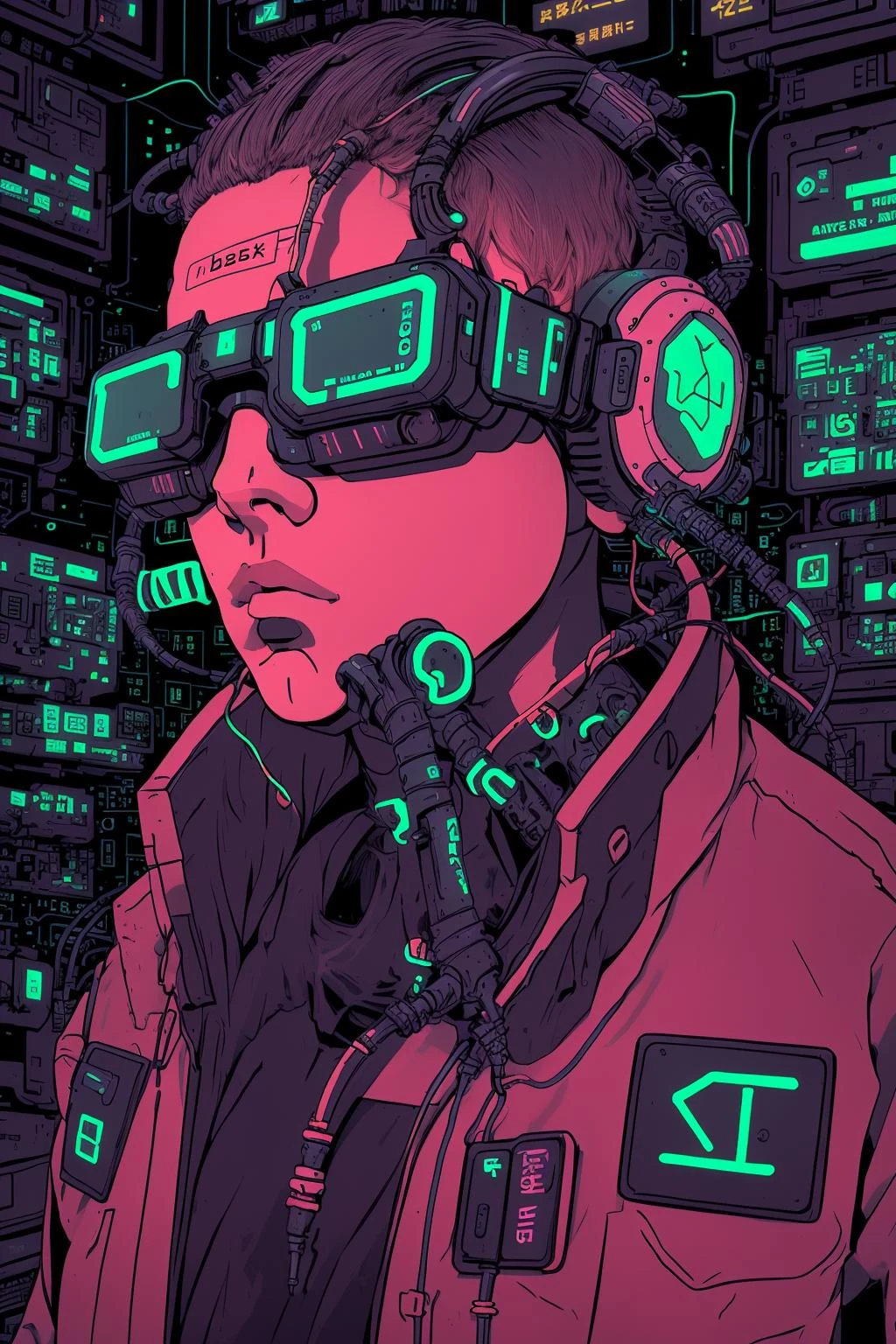 Virtuelle Realität, neonfarbene Kabel zum Anschluss an Headsets, Benutzer verloren in einem Reich, in dem Daten und Träume miteinander verwoben sind. , Cyberpunk_Anime-Serie