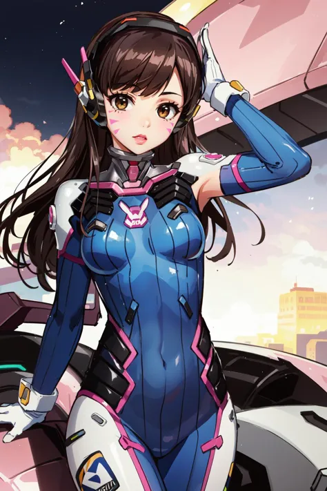 (masterpiece, best quality),  intricate details,
1girl,   <lora:dva:0.8> 1girl, d.va (overwatch), solo, long hair, whisker markings, bodysuit, brown hair, facial mark, gloves, breasts, brown eyes, pilot suit, cowboy shot, headphones, white gloves, medium breasts, swept bangs, skin tight, animal print, bangs, bunny print, ribbed bodysuit, facepaint, pink lips,