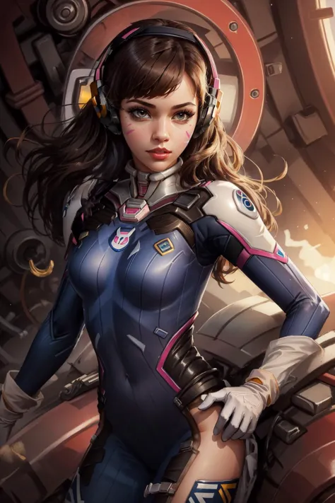 (masterpiece, best quality),  intricate details,
1girl,   1girl, d.va (overwatch), solo, long hair, whisker markings, bodysuit, brown hair, facial mark, gloves, breasts, brown eyes, pilot suit, cowboy shot, headphones, white gloves, medium breasts, swept bangs, skin tight, animal print, bangs, bunny print, ribbed bodysuit, facepaint, pink lips,