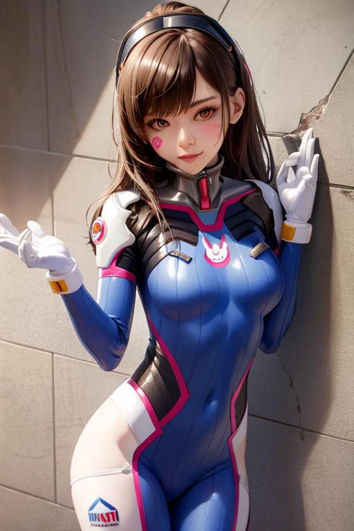 (masterpiece), (best quality),blue_bodysuit, 1girl, d.va_\(overwatch\),  animal_print, bangs, bodysuit, bracer, medium_breasts,  brick_wall, brown_eyes, brown_hair, whisker_markings, bunny_print, pilot_suit, pink_lips, ribbed_bodysuit, character_name, checkered_background, clothes_writing, facepaint, gloves, headphones, high_collar, honeycomb_\(pattern\), honeycomb_background, lips, long_hair, looking_at_viewer,  solo, standing, swept_bangs, thigh_strap, tile_floor, tile_wall, tiles, turtleneck, white_footwear, white_gloves,pilot_suit,shoulder_armor, shoulder_pads, (kbxll:0.6), 