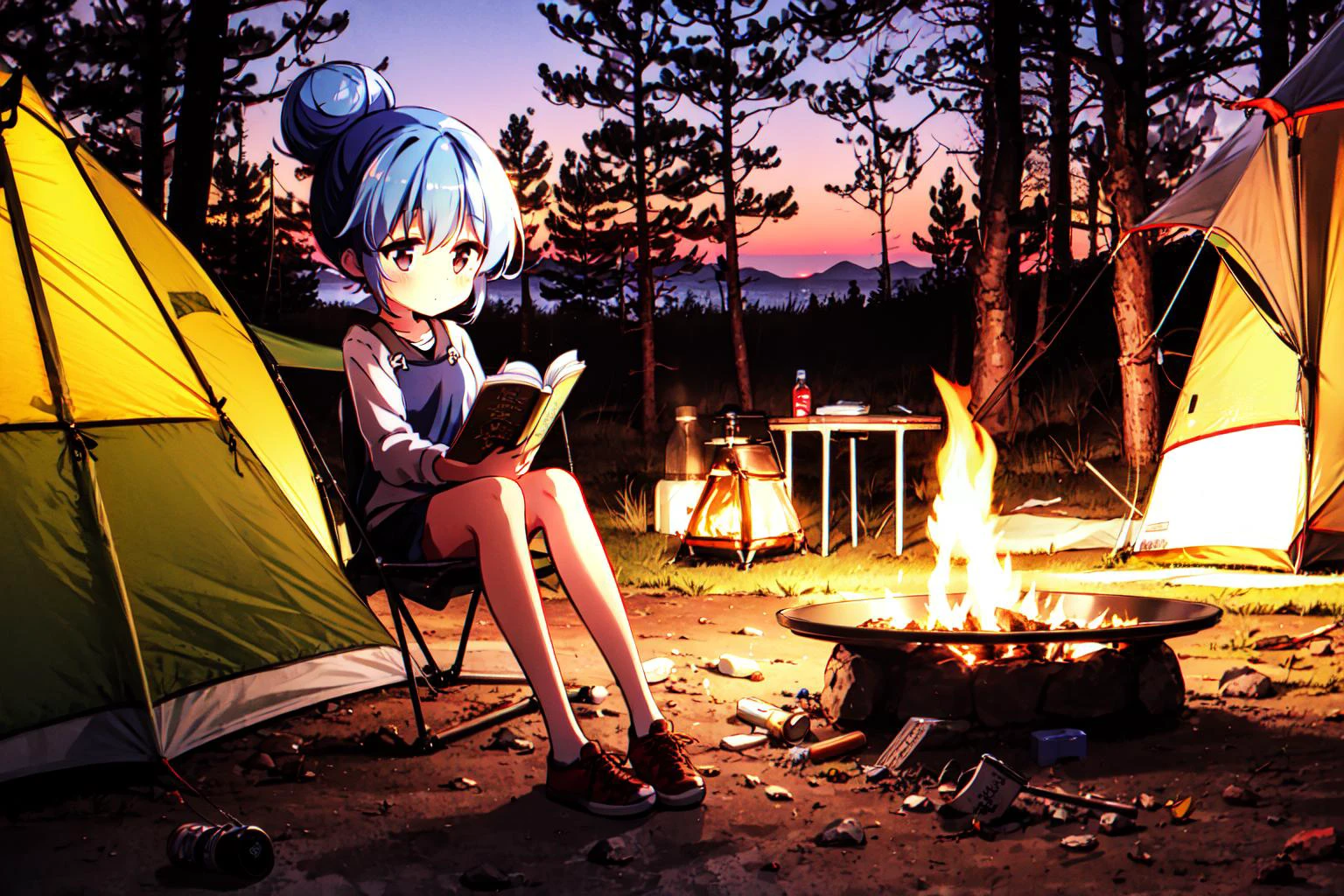 shima rin, 1girl, blue hair, hair bun, sitting, camping, outdoors, woods, campfire, reading, sitting, camping chair, solo,, anirl, best quality, ultra high res,