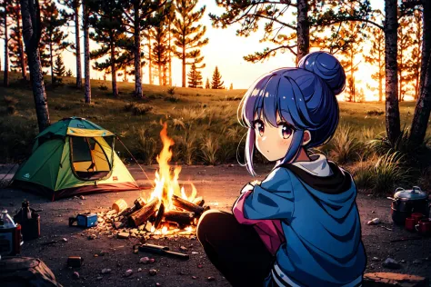 <lora:anireality_v1:0.7>, <lora:shimaRinYuruCamp_v10:0.5>, shima rin, 1girl, blue hair, hair bun, sitting, camping, outdoors, woods, campfire,, anirl, best quality, ultra high res,