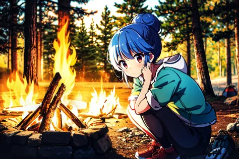 <lora:anireality_v1:0.7>, <lora:shimaRinYuruCamp_v10:0.5>, shima rin, 1girl, blue hair, hair bun, sitting, camping, outdoors, wo...