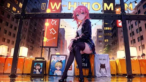 anime girl sitting on a bench in front of a building