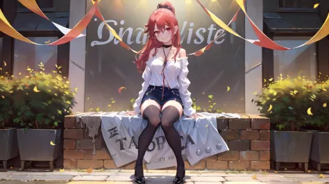 anime girl sitting on a bench in front of a sign