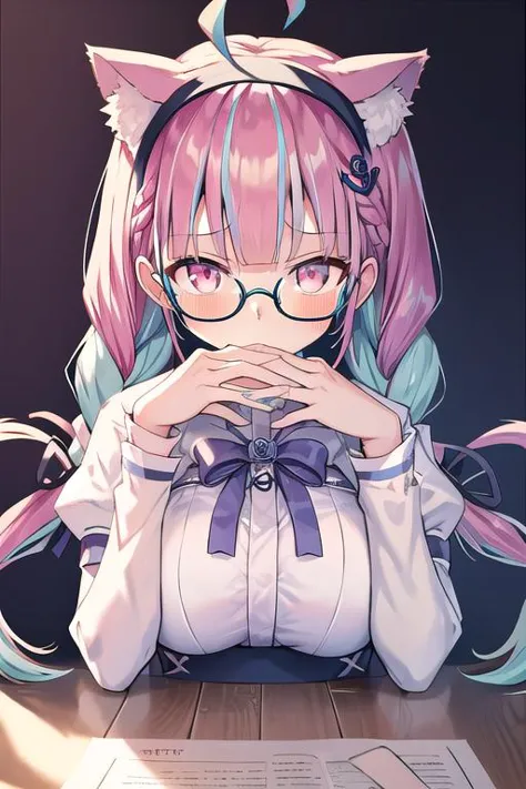 masterpiece, 1girl,gendou pose,(glowing eyes:1.2),opaque glasses, black backgroung, backlighting
 <lora:gendou pose:1.2>, (extremely detailed CG unity 8k wallpaper,masterpiece, best quality, ultra-detailed, beautiful detailed eyes),(best illumination, best shadow, an extremely delicate and beautiful, bloom), masterpiece, best quality, nsfw, sidelighting, 1girl, minato aqua, virtual youtuber, cat ears, long hair, purple eyes, braid, ahoge, multicolored hair, twin braids, blue hair, two-tone hair, hairband, pink hair, anchor hair ornament, ribbon,bow, cat girl, twintails, large breasts, bangs, upper body, <lora:minatoAquaNekomimiVer_v1:0.5>