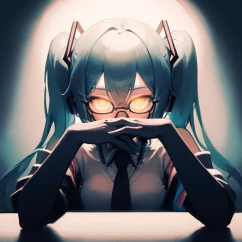 anime girl with glasses and a tie sitting at a table