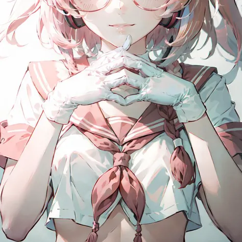 anime girl with pink hair and glasses holding her hands up