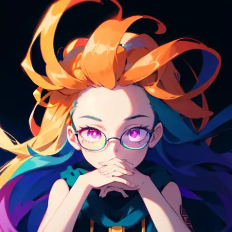 masterpiece, 1girl,gendou pose,(glowing eyes),opaque glasses, (disheveled hair),[orange hair:purple buttom hair:0.8],forehead,zoe,long hair,,(colored inner hair:1.1),(gradient hair:1.1),,multicolored hair, blue and purple  eyes,