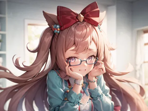 anime girl with glasses and a bow sitting on a table