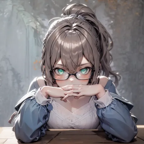 anime girl with glasses sitting at a table with her hands on her face