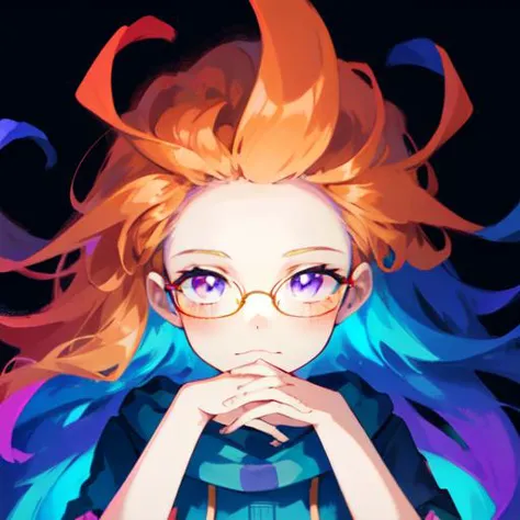 masterpiece, 1girl,gendou pose,(glowing eyes),opaque glasses, (disheveled hair),[orange hair:purple buttom hair:0.8],forehead,zoe,long hair,,(colored inner hair:1.1),(gradient hair:1.1),,multicolored hair, blue and purple  eyes,