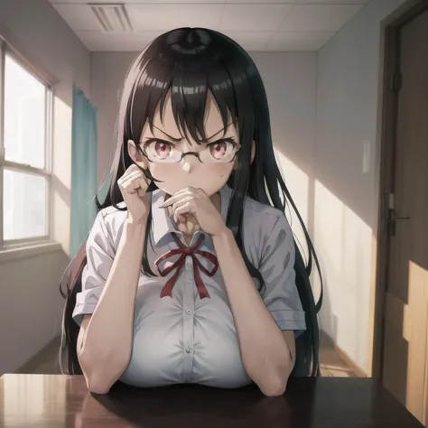 anime girl with long black hair sitting at a table with her hands on her chin