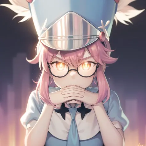 anime girl with pink hair wearing a blue hat and glasses