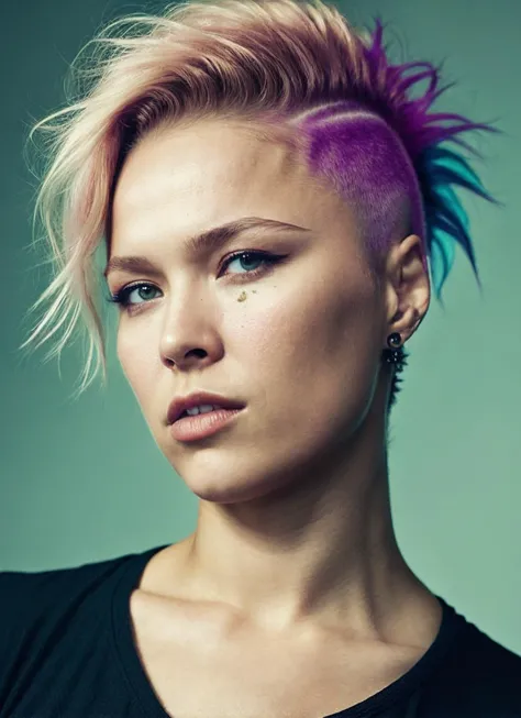 a woman with a pink mohawk and blue hair looks at the camera