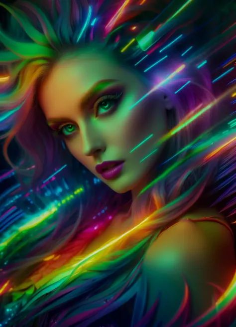 a woman with long hair and neon lights in her hair