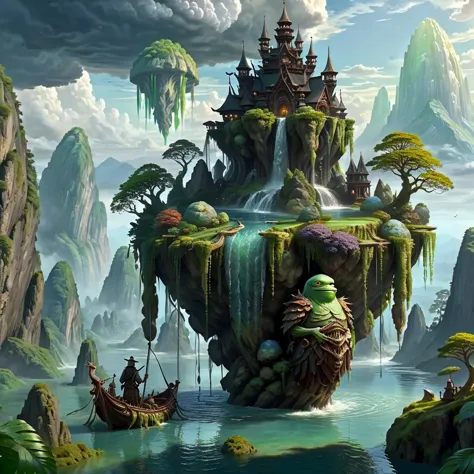 (masterpiece, best_quality, ultra-detailed, immaculate:1.3), epic, illustration, Magical floating islands with translucent giant...