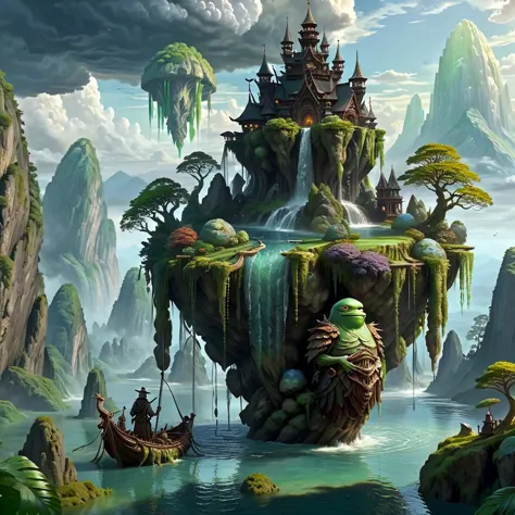 (masterpiece, best_quality, ultra-detailed, immaculate:1.3), epic, illustration, Magical floating islands with translucent giant PEPE mega-physique guardian  watching over earth, solo, outdoors, sky, cloud, water, armor, glowing, , cloudy sky, staff, glowing eyes, rock, mountain,  <lora:ral-mytfrst-sdxl:0.8> ral-mytfrst , fantasy, glowing, glowing eyes, fantasy landscape, floating islands, falling waterfalls,   <lora:guardian:0.9> enormous guardian spirit   <lora:ponydiffusionv6_pepethefrog:1>